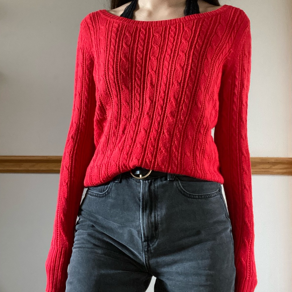 Red cable knit sweater